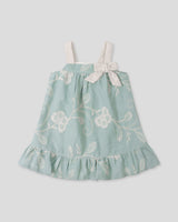 Vestido verde menta de tiras en tela bordada con moño para bebé niña