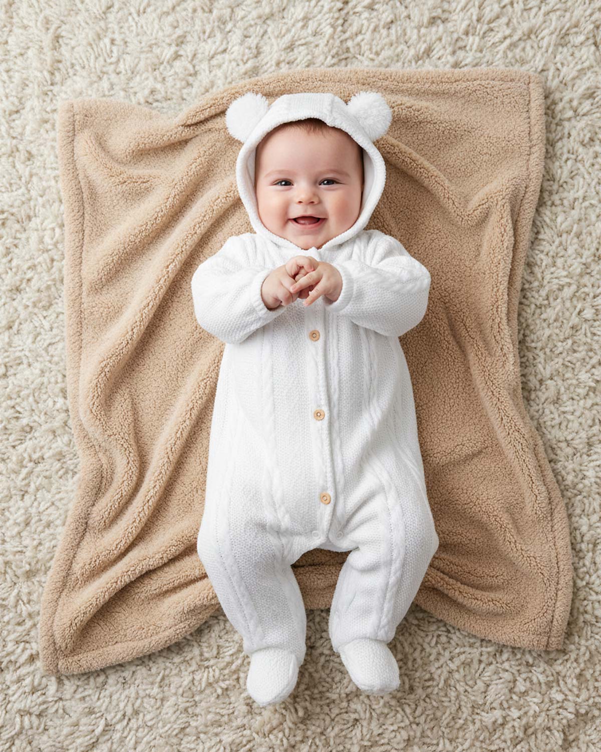 Pijama enteriza blanca de gorrito con pompones para bebé niña