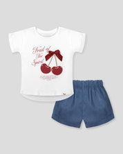 Conjunto camiseta estampada cherry y short azul para niña