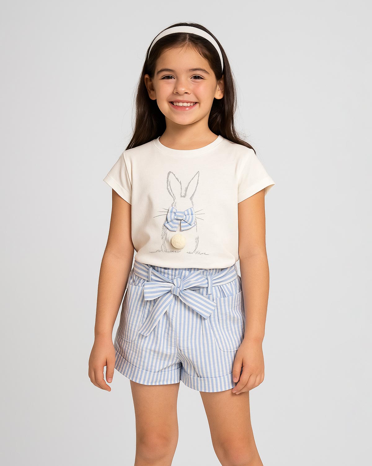 Conjunto blusa blanca de conejito y short de líneas azules con cinturón para niña