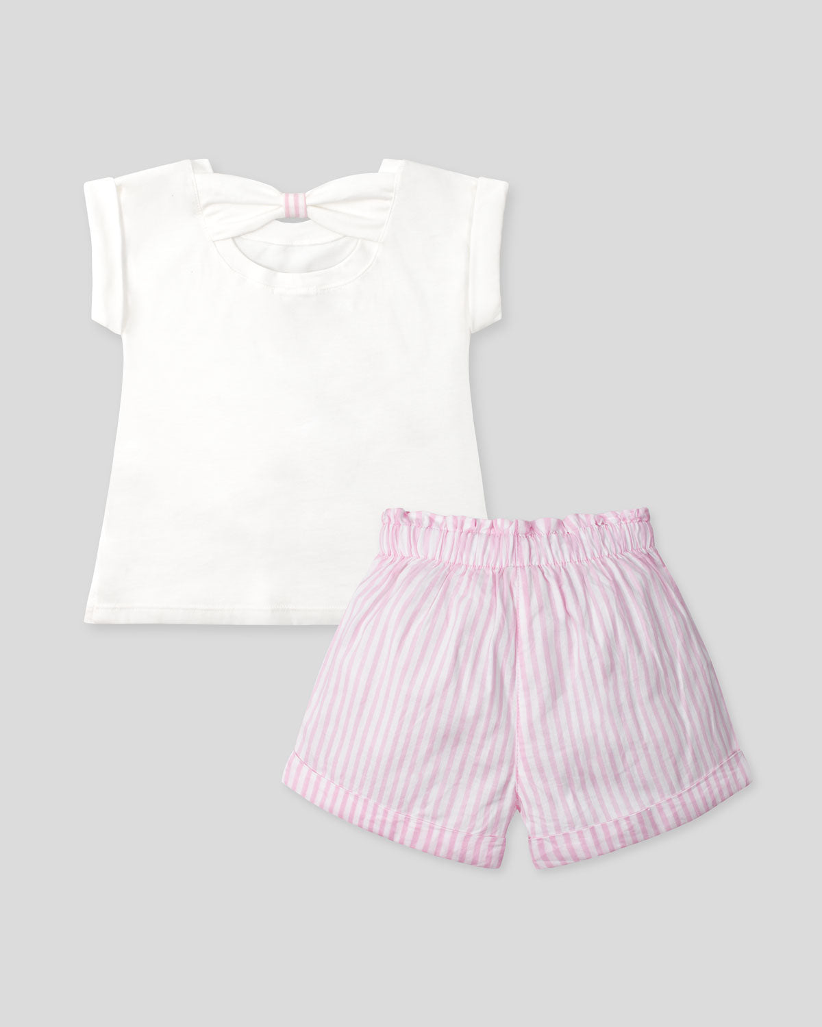 Conjunto blusa blanca de conejito y short de líneas rosas con cinturón para niña
