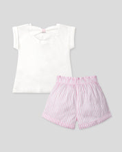 Conjunto blusa blanca de conejito y short de líneas rosas con cinturón para niña