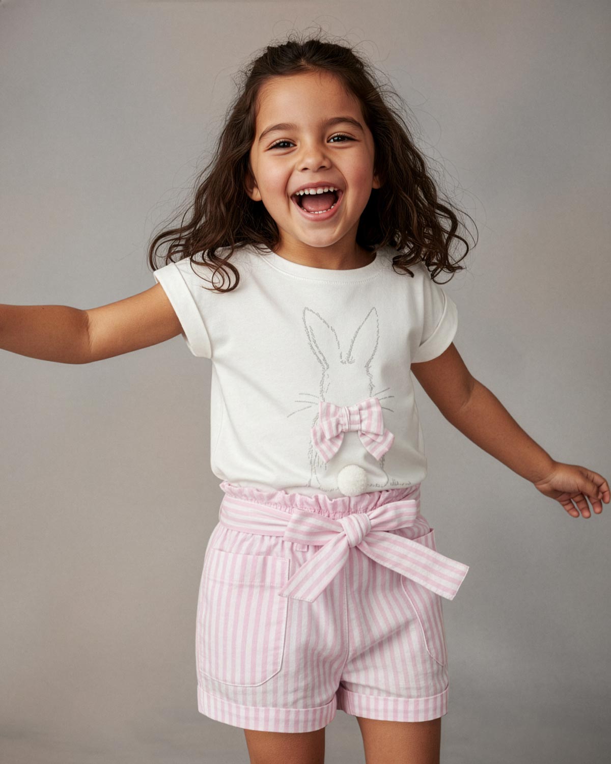 Conjunto blusa blanca de conejito y short de líneas rosas con cinturón para niña
