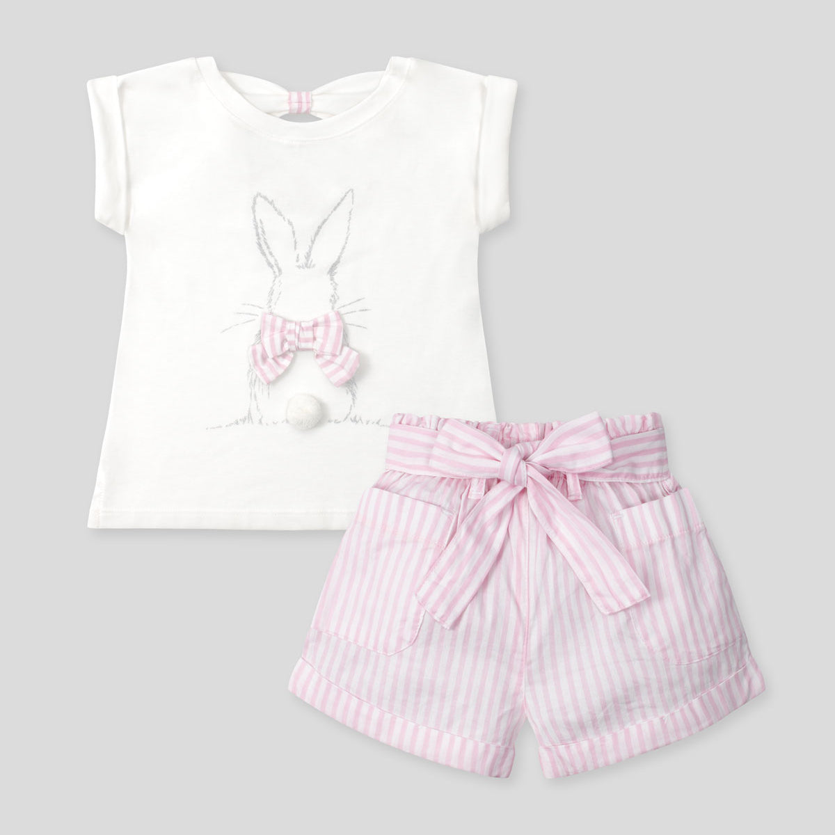 Conjunto blusa blanca de conejito y short de líneas rosas con cinturón para niña