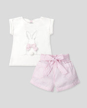 Conjunto blusa blanca de conejito y short de líneas rosas con cinturón para niña