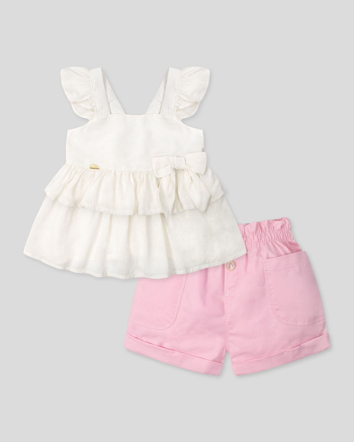 Conjunto de blusa blanca brillante de tiras en boleros y short para niña