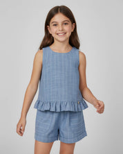 Conjunto blusa con boleros y short azul para niña