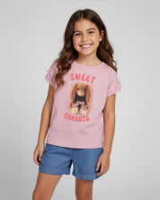 Conjunto blusa rosa con estampado de conejo y short azul para niña