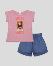 Conjunto blusa rosa con estampado de conejo y short azul para niña