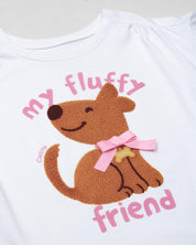 Conjunto blusa blanca con estampado, boleros en manga y short café para niña