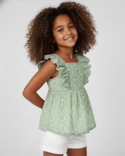 Conjunto blusa verde en tela hoja rota y short blanco para niña