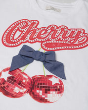 Conjunto camiseta blanca con estampado "Cherry" y short azul para niña