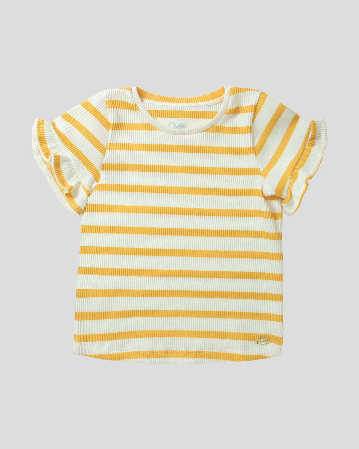 Camiseta beige con línea mostaza y bolero en mangas para niña