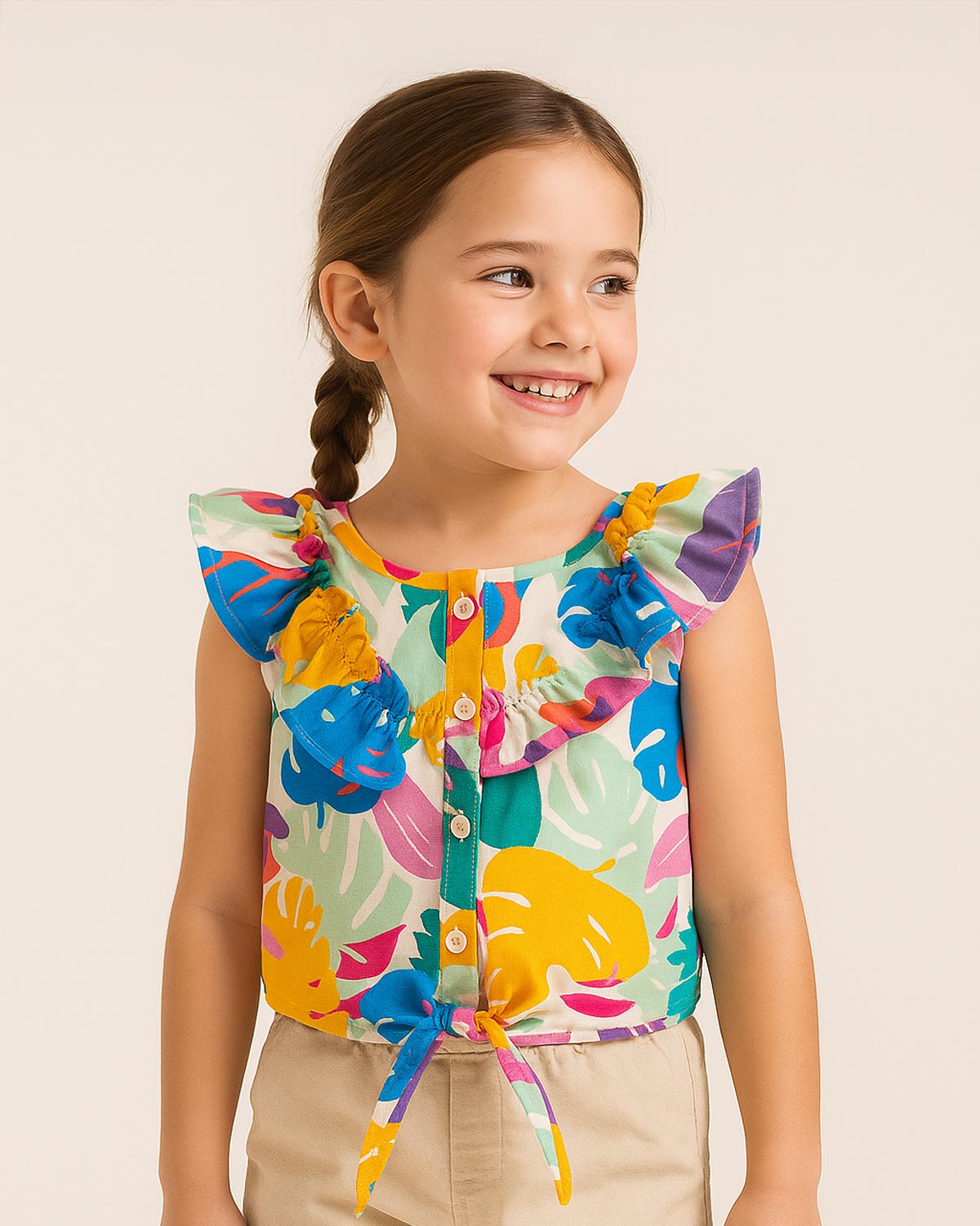 Blusa estampada con hojas de colores y bolero para niña