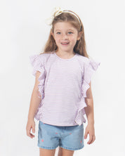 Camiseta de líneas moradas con boleros para niña