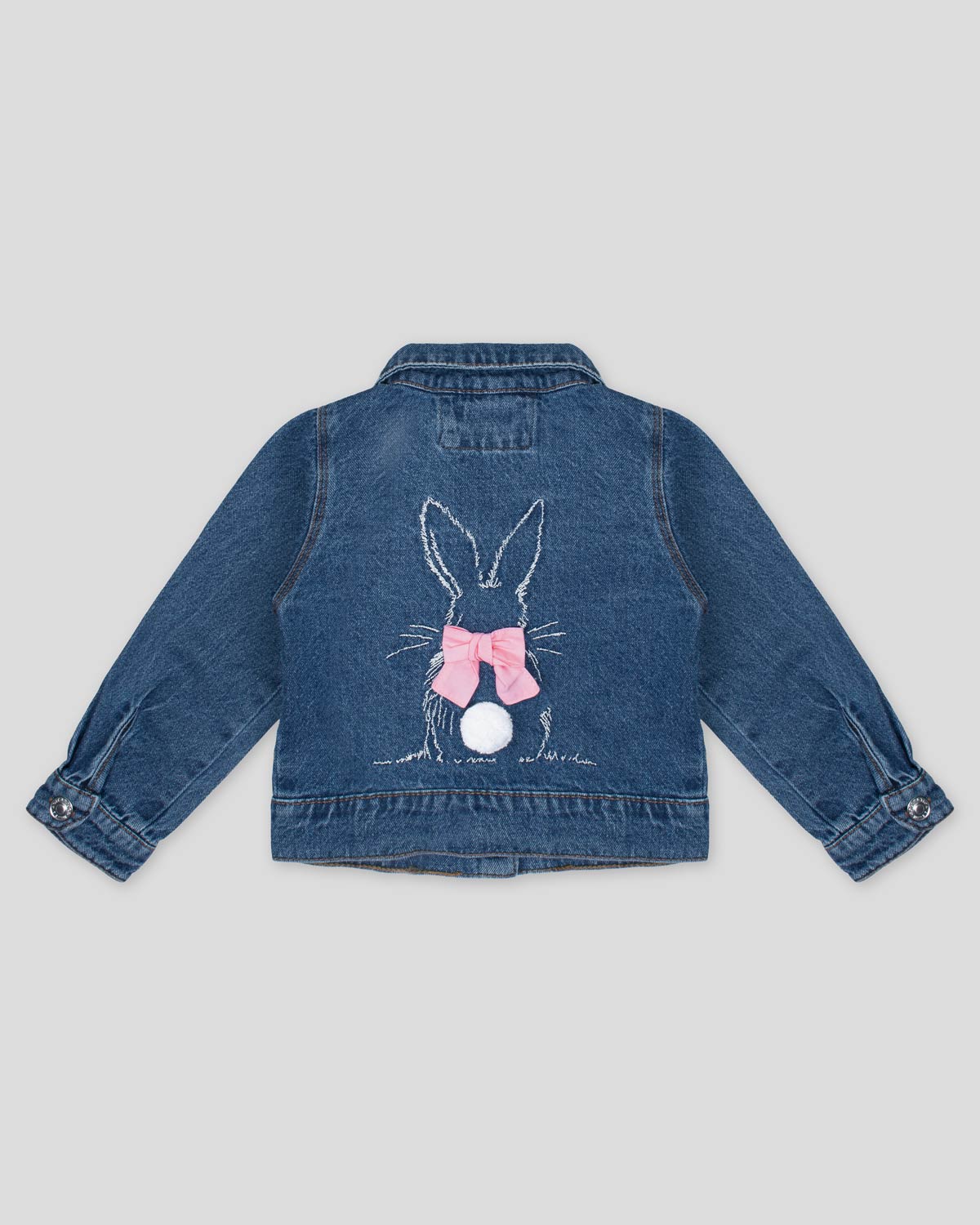 Chaqueta denim con conejito y aplique de moño en espalda para niña