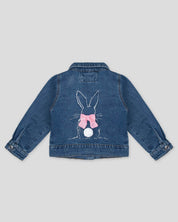 Chaqueta denim con conejito y aplique de moño en espalda para niña