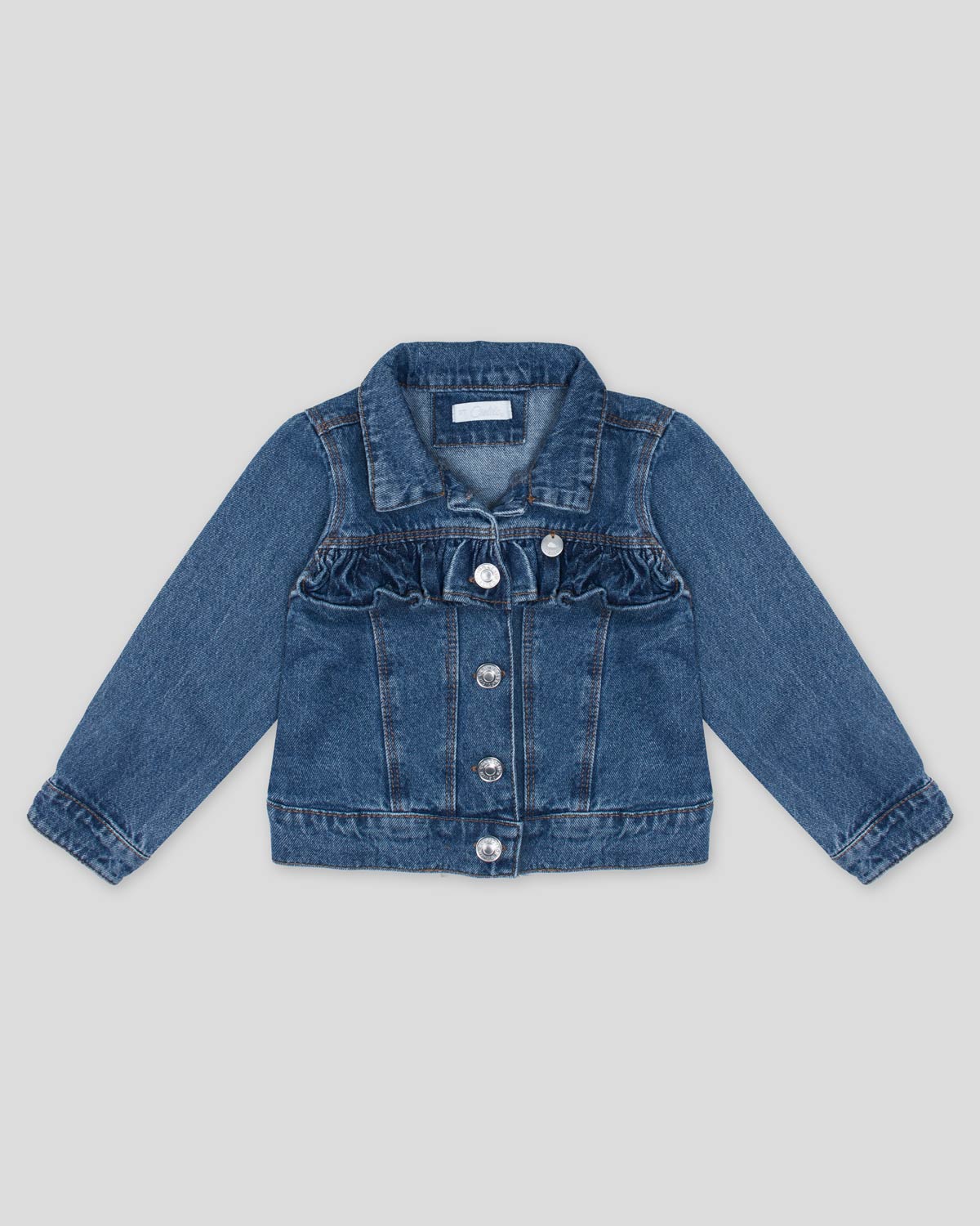 Chaqueta denim con conejito y aplique de moño en espalda para niña