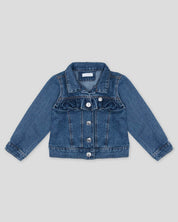 Chaqueta denim con conejito y aplique de moño en espalda para niña