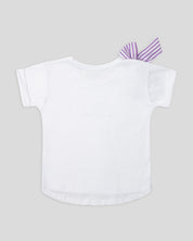 Camiseta blanca con moño de líneas lila y estampado be happy together para niña