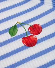 Blusa de rayas azules con boleritos en mangas y estampado de cerezas para niña