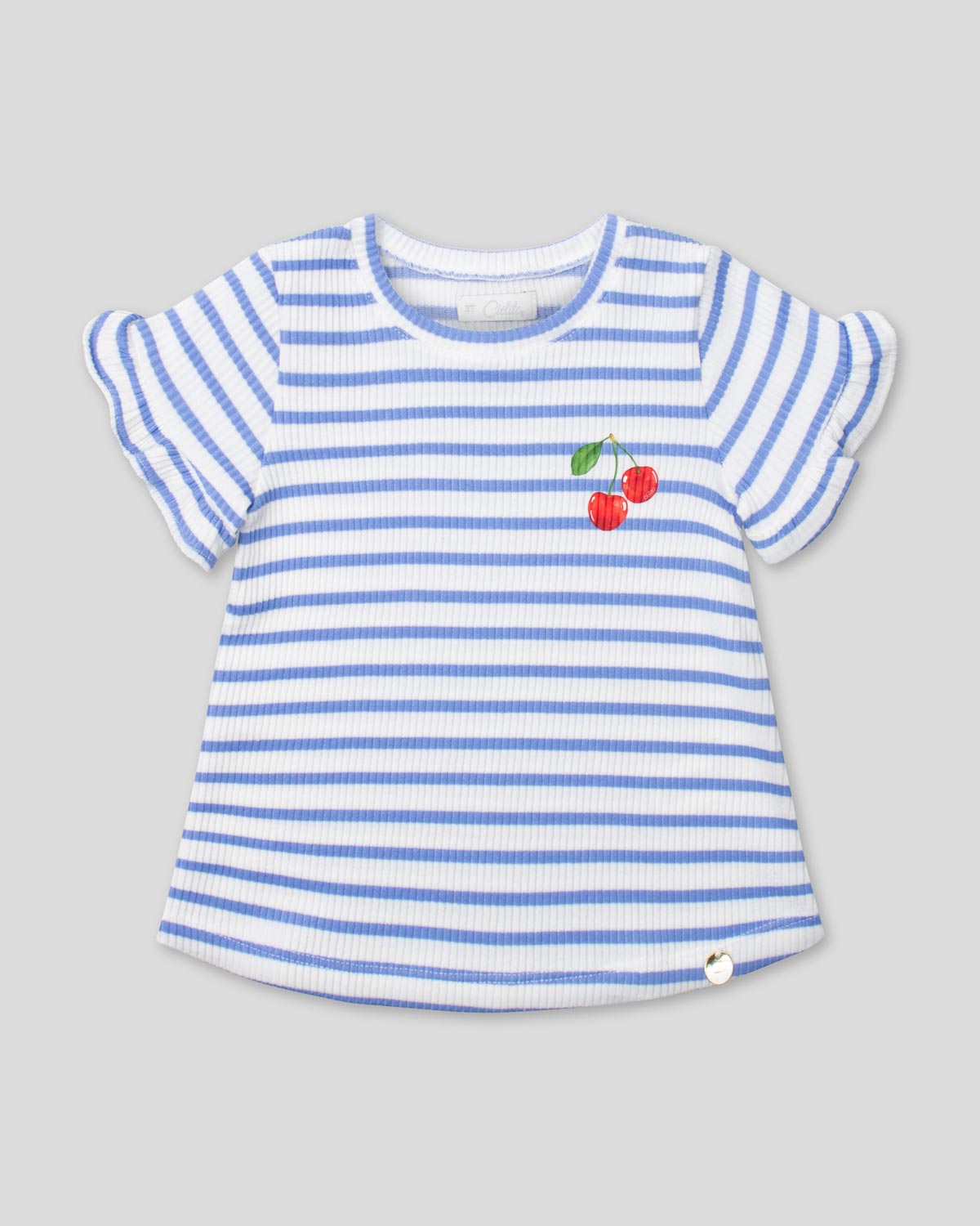Blusa de rayas azules con boleritos en mangas y estampado de cerezas para niña