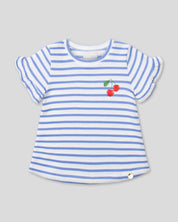 Blusa de rayas azules con boleritos en mangas y estampado de cerezas para niña
