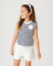 Blusa blanca de rayas azul navy sin mangas para niña