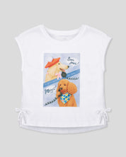 Blusa blanca manga sisa con estampado para niña