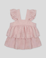 Blusa rosa con brillos y tiras con boleritos para niña