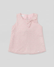 Blusa tela hoja rota rosa con moños para niña