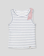 Blusa manga sisa blanca con líneas y moño rosa para niña