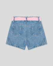 Short denim con detalle de mariposa y cinturón rosa para niña