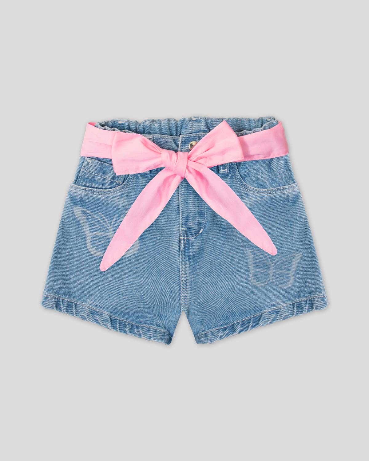 Short denim con detalle de mariposa y cinturón rosa para niña