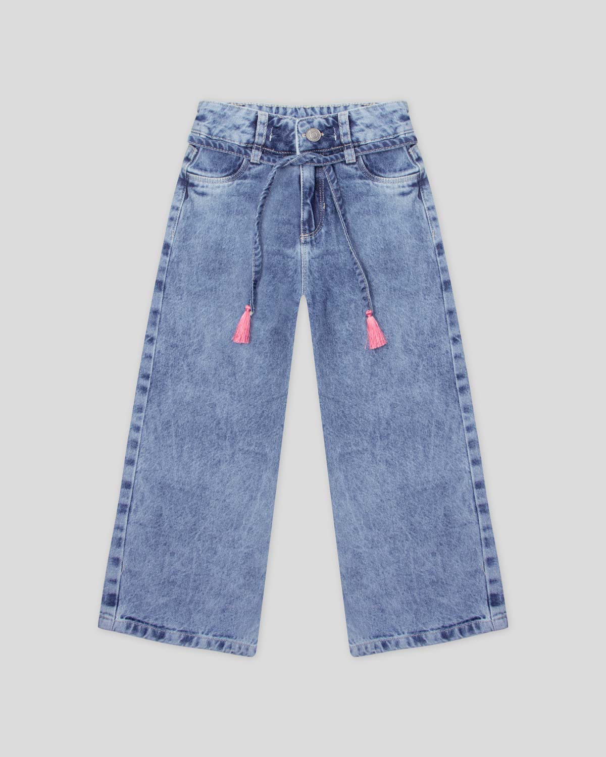 Jean denim marine fit con cintura ajustable y detalle de borlas rosa para niña