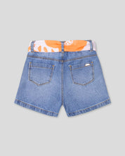 Short denim con detalles de flores y cinturón estampado para niña