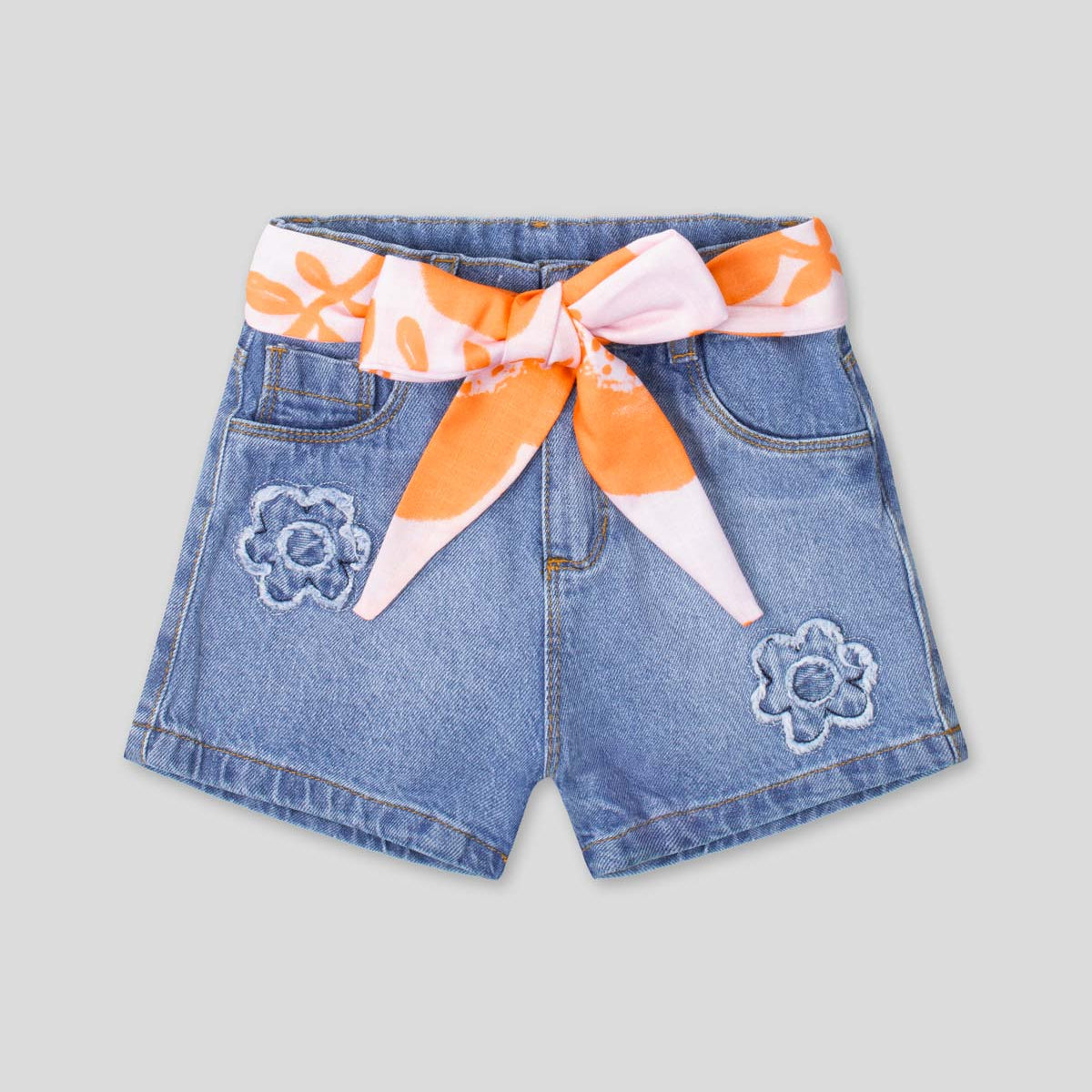 Short denim con detalles de flores y cinturón estampado para niña