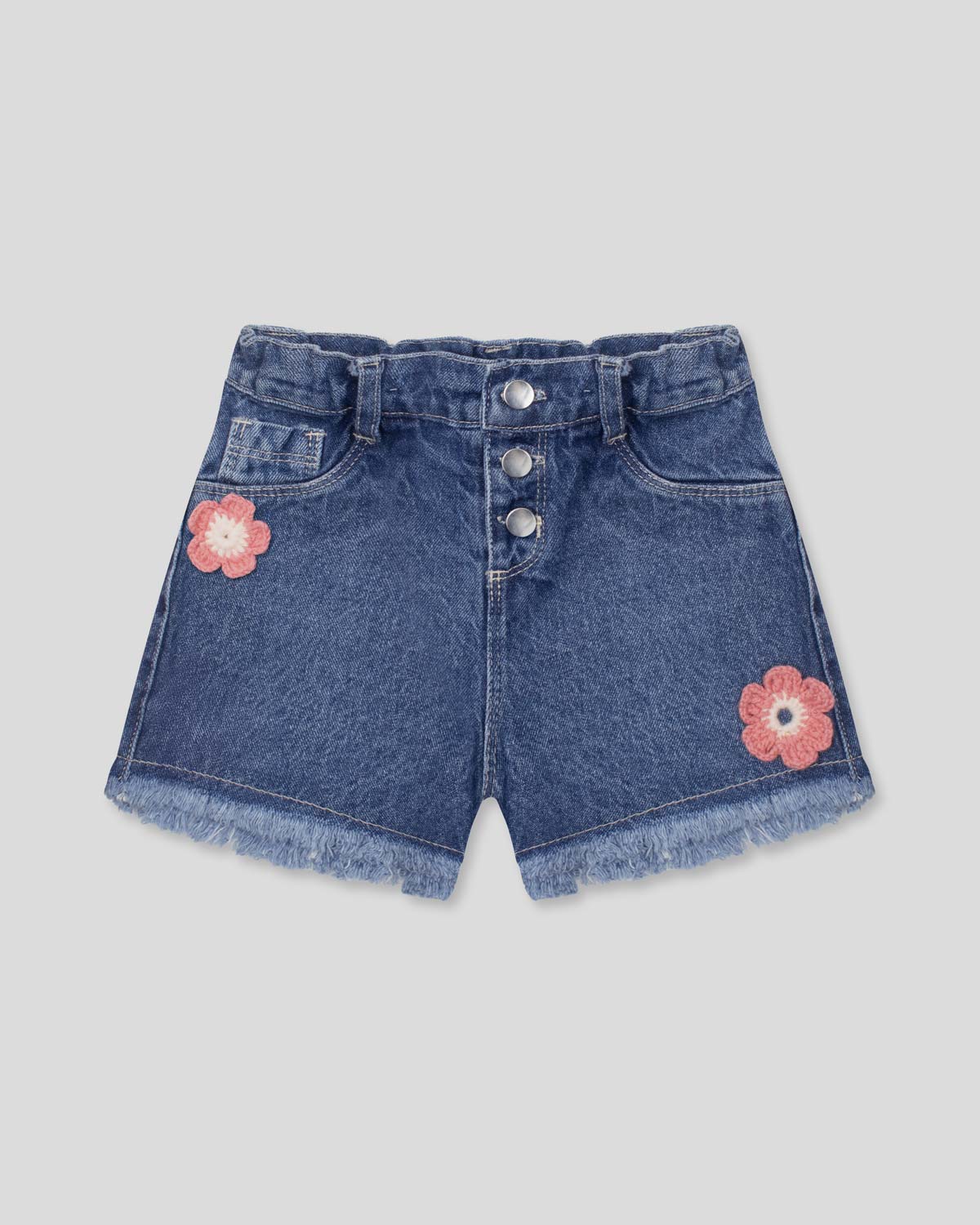 Short denim con apliques de flores tejidas para niña