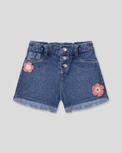 Short denim con apliques de flores tejidas para niña