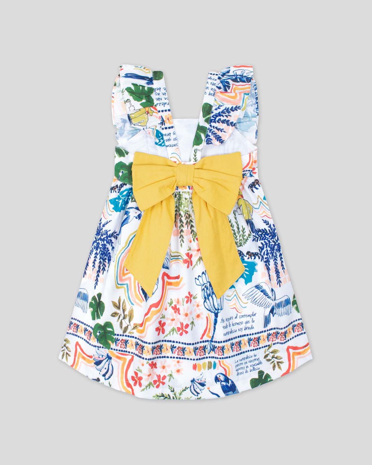 Vestido estampado con detalle de bolero en manga y moño amarillo en espalda para niña