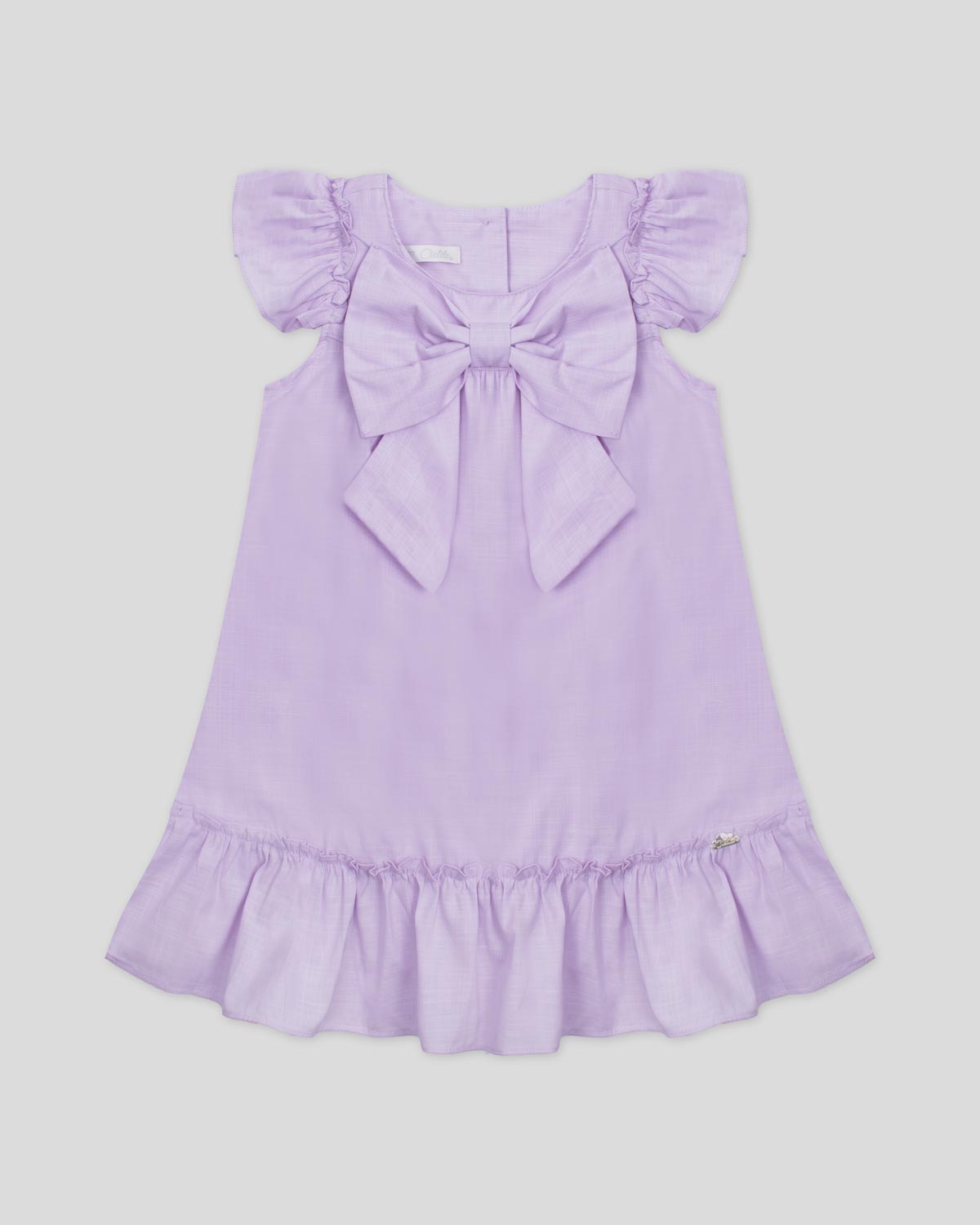 Vestido en lino lila de manga corta con boleros y detalle de moño para niña