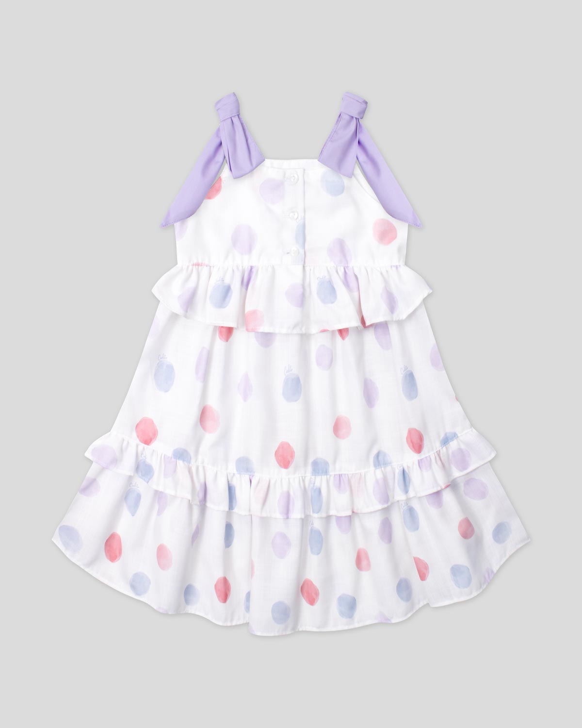 Vestido en lino estampado con lunares y tiras con moños lila para niña