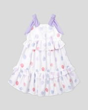 Vestido en lino estampado con lunares y tiras con moños lila para niña