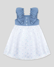 Vestido azul de tull blanco con aplique floral para niña