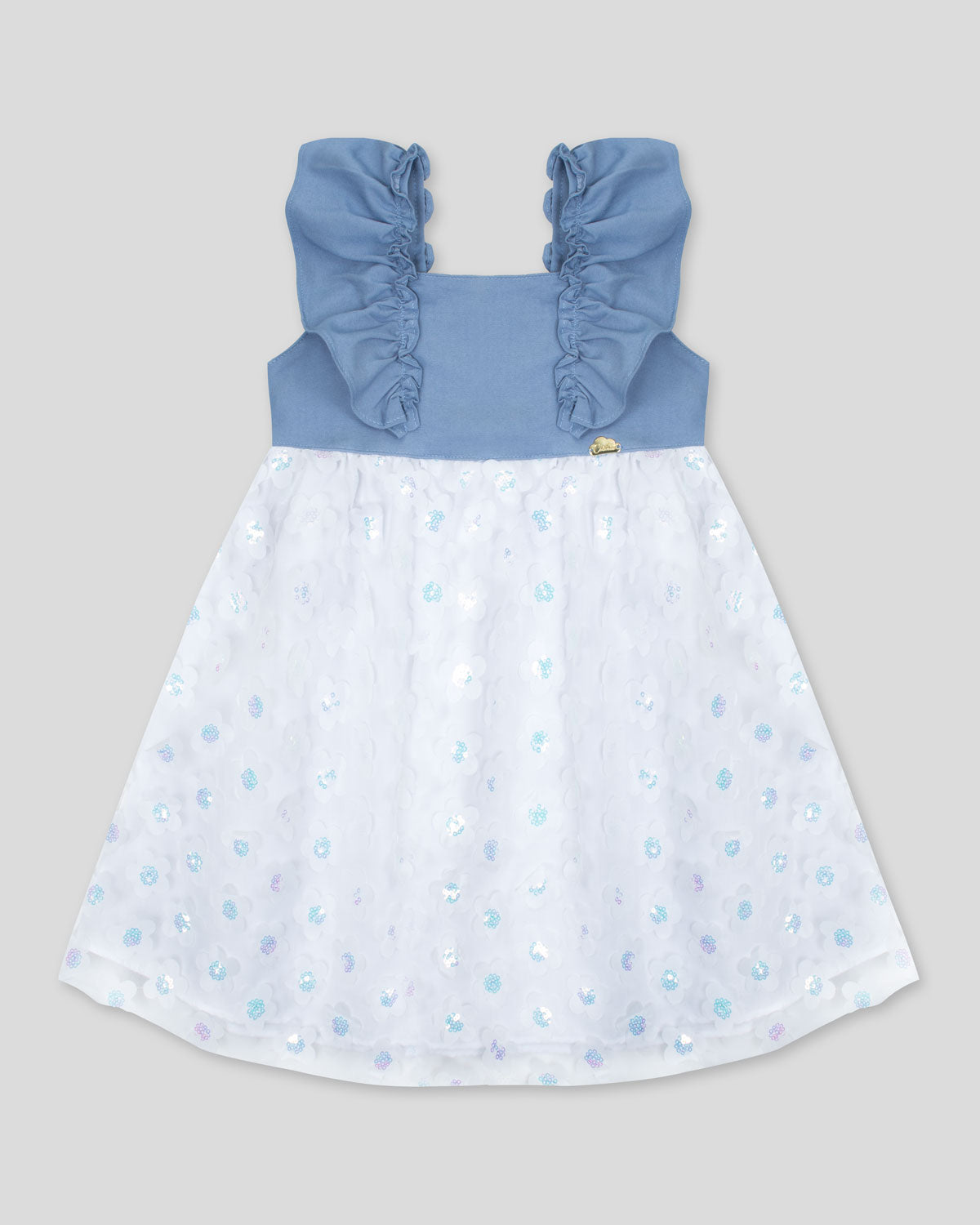 Vestido azul de tull blanco con aplique floral para niña