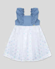 Vestido azul de tull blanco con aplique floral para niña