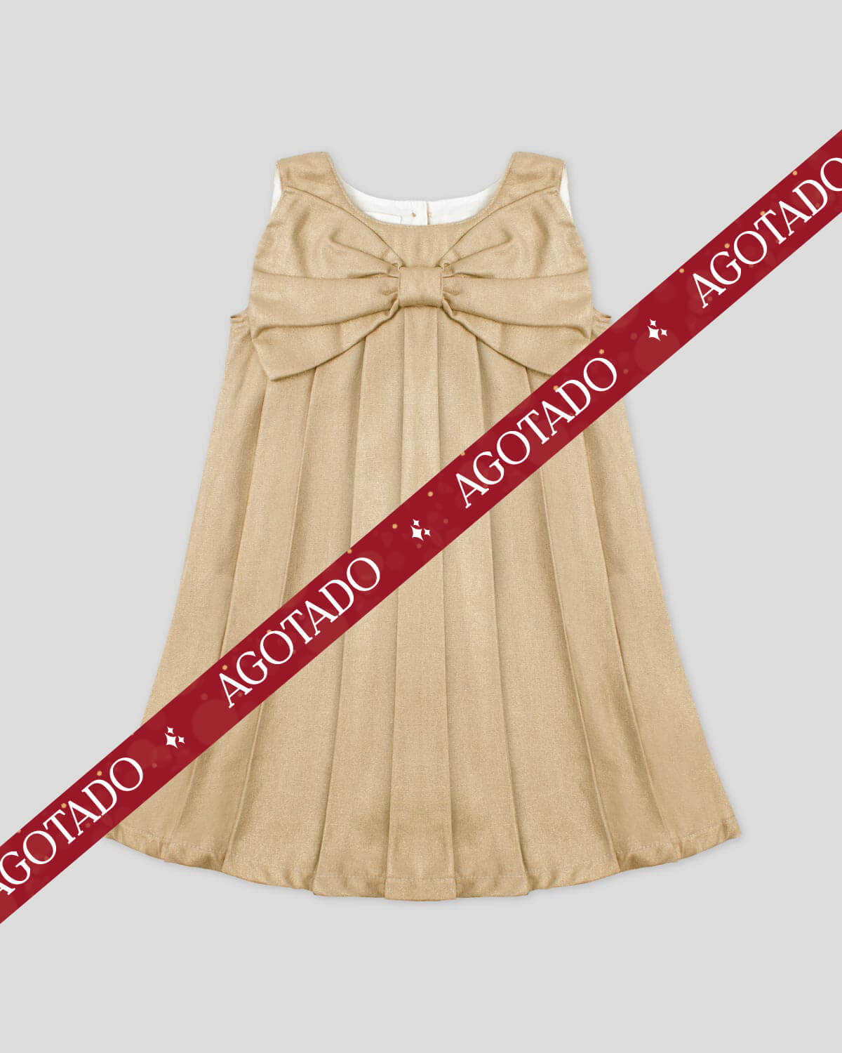 Vestido dorado en lino con brillos, moño y botonadura en espalda para niña