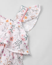 Vestido en lino estampado de flores con boleros y botones en espalda para niña