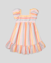 Vestido con estampado de líneas naranja, rosa, gris y botones en espalda para niña