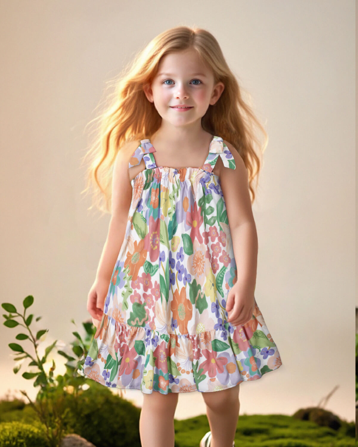 Vestido de tiras con moños y con estampado de flores para niña